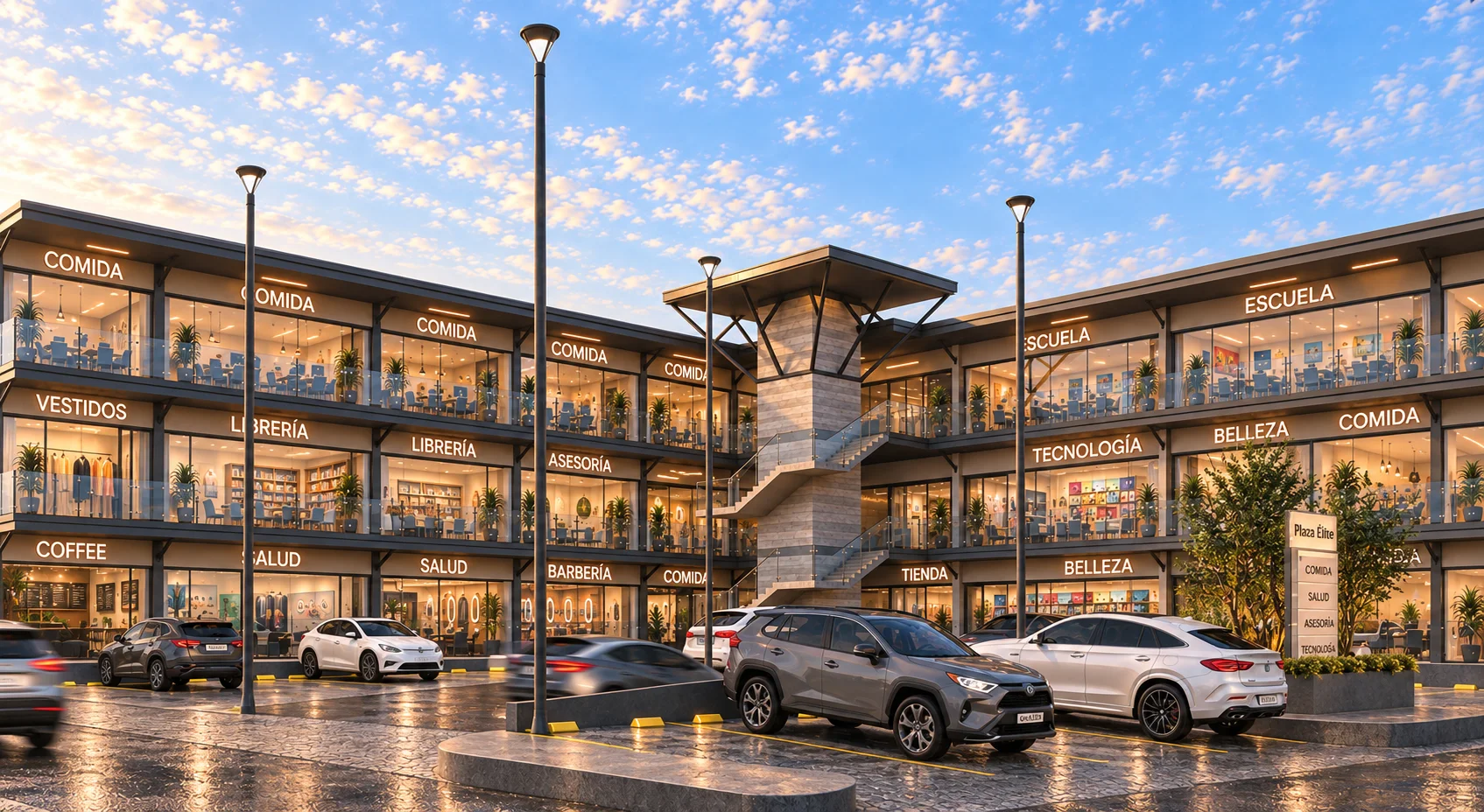 Patio comercial de Plaza Élite 300 al atardecer